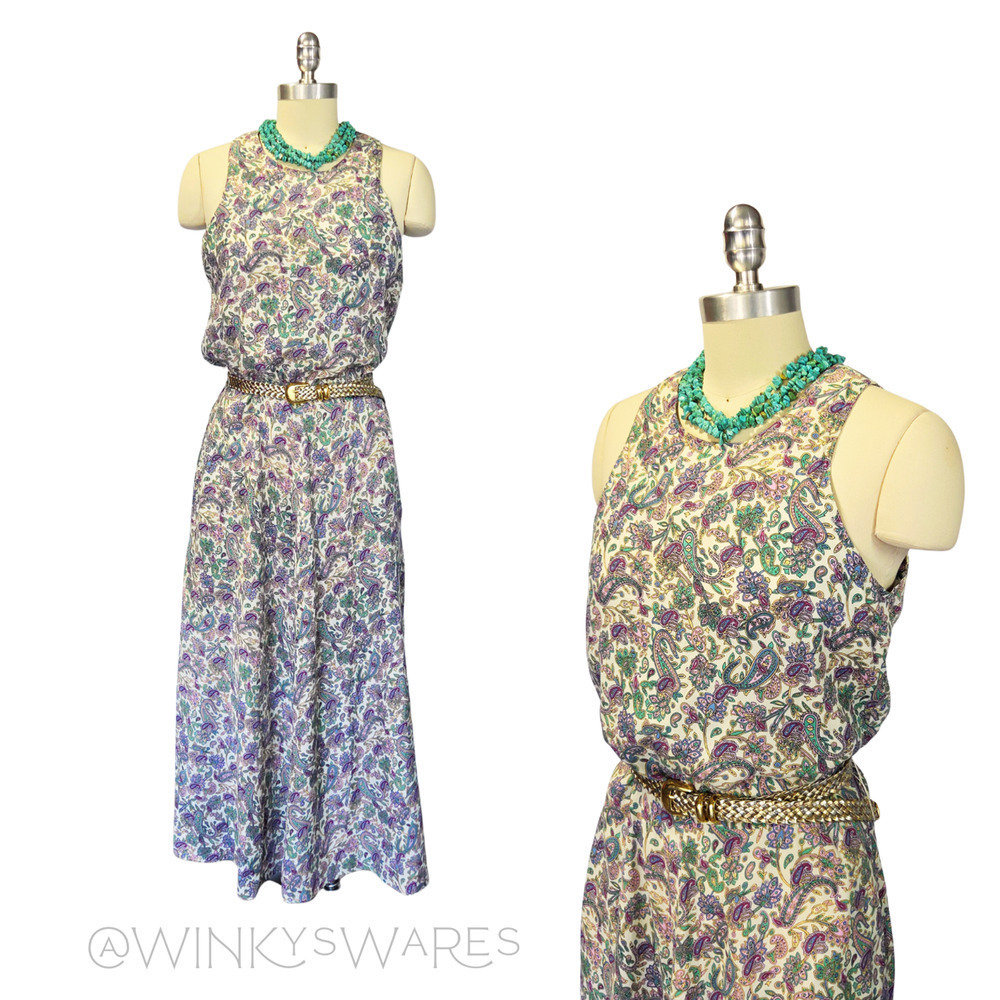 Vintage 90s Paisley Print Midi Dress Size S 4 White Sleeveless Belted Rayon